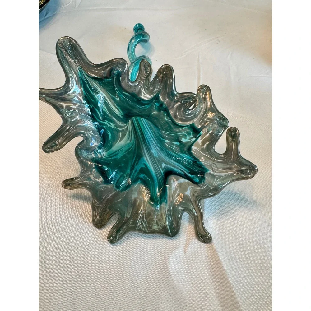 Hand Blown Art Glass Splash Vase Turquoise Teal Smoky Grey Spiral statue Murano
